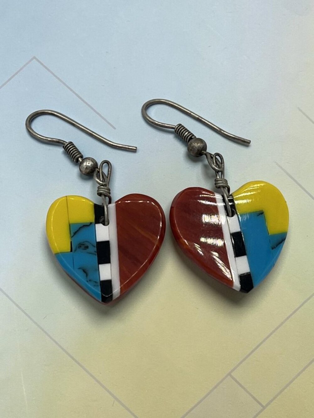 Heart Multi Stone Inlay Southwest Dangle Hook Earrings